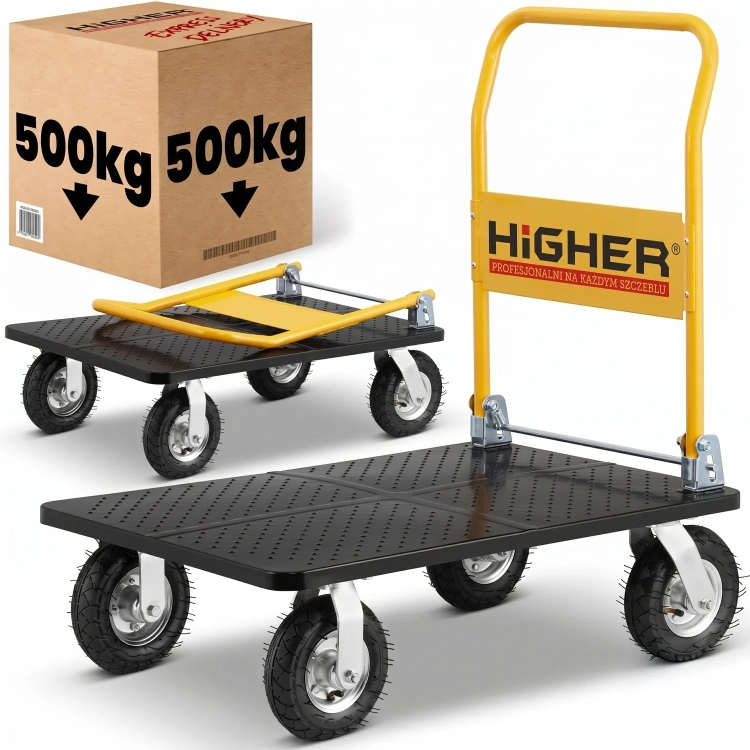 Wózek magazynowy transportowy platformowy składany pompowane koła HIGHER PRO 500kg LH10-500-P