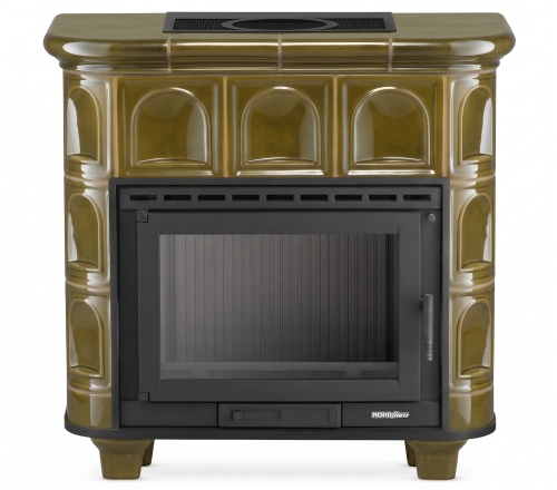 Piec kominek koza kaflowy ceramiczny Florencja pistacjowy wkład NordFlam ETNA 13 kW