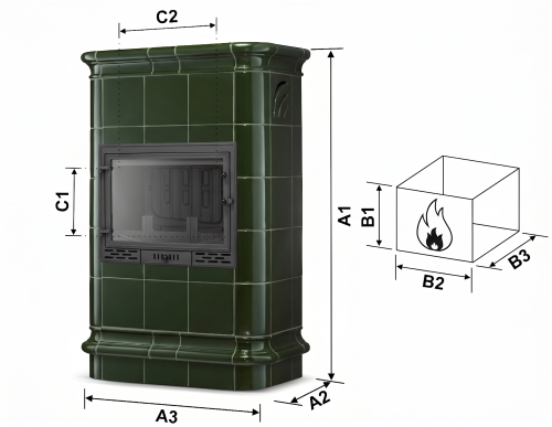Piec kominek koza kaflowy ceramiczny Roma zielony z płaszczem wodnym kocioł CO