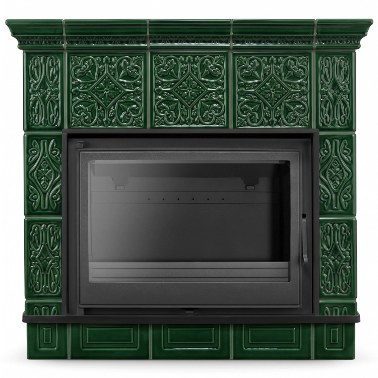 Piec kominek kaflowy ceramiczny Mallorca by Higher zielony wkład FERGUSS FGS-LUX18 11,7 kW