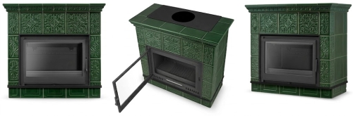 Piec kominek kaflowy ceramiczny Mallorca by Higher zielony wkład FERGUSS FGS-LUX18 11,7 kW