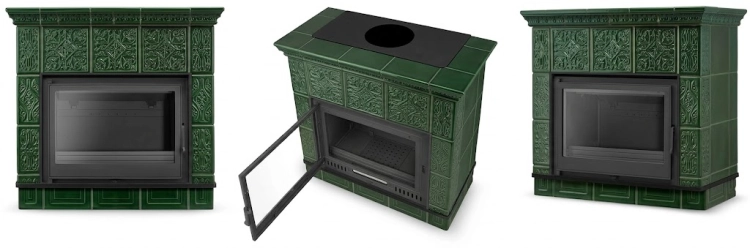 Piec kominek kaflowy ceramiczny Mallorca by Higher zielony wkład FERGUSS FGS-LUX18 11,7 kW