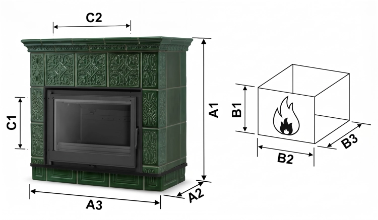Piec kominek kaflowy ceramiczny Mallorca by Higher zielony wkład FERGUSS FGS-LUX18 11,7 kW