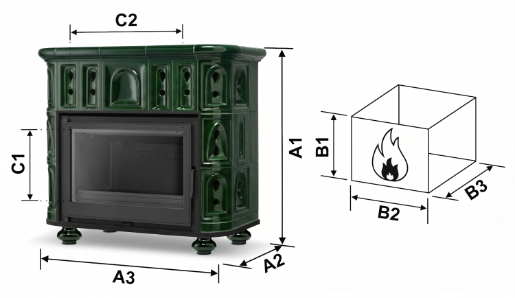 Piec kominek piecyk koza kaflowy ceramiczny BERGEN zielony wkład FERGUSS FGS-LUX18 11,7 kw