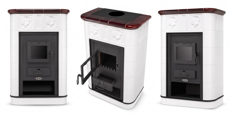 Piec kominek kaflowy ceramiczny VILLACH z płaszczem wodnym biały wkład BLIST Padove E