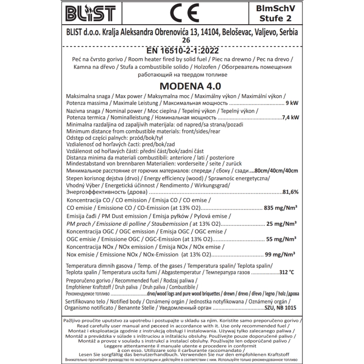 Piec kominek koza szamotowy żeliwny MODENA 4.0 BLIST 7,4 kW A+