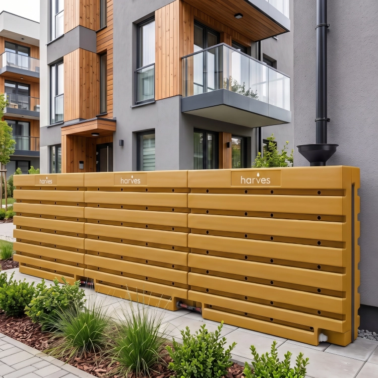 Ścienny zbiornik na deszczówkę wodę 1000 L płaski modułowy naziemny Rainwater Wall HARVES żółty