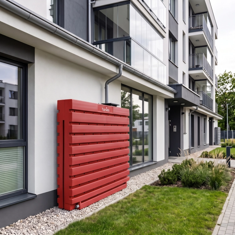Ścienny zbiornik na deszczówkę wodę 1000 L płaski modułowy naziemny Rainwater Wall HARVES kolor czerwony