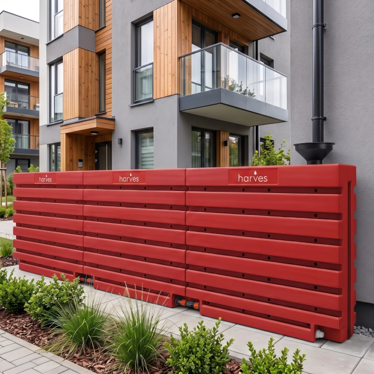 Ścienny zbiornik na deszczówkę wodę 1000 L płaski modułowy naziemny Rainwater Wall HARVES kolor czerwony