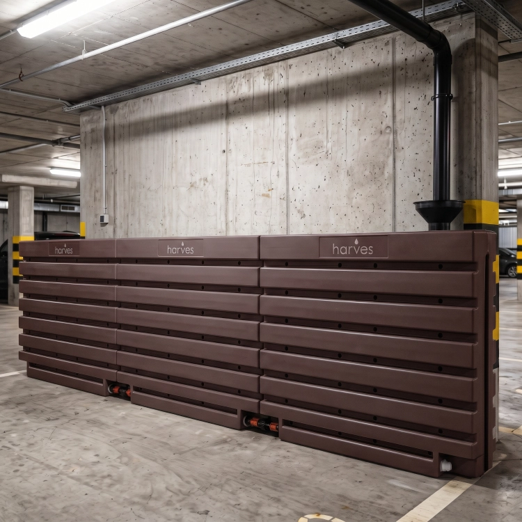 Ścienny zbiornik na deszczówkę wodę 1000 L płaski modułowy naziemny Rainwater Wall HARVES kolor brązowy