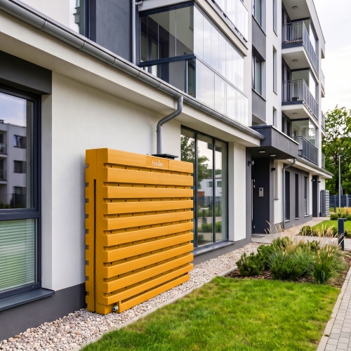 Ścienny zbiornik na deszczówkę wodę 1000 L płaski modułowy naziemny Rainwater Wall HARVES żółty