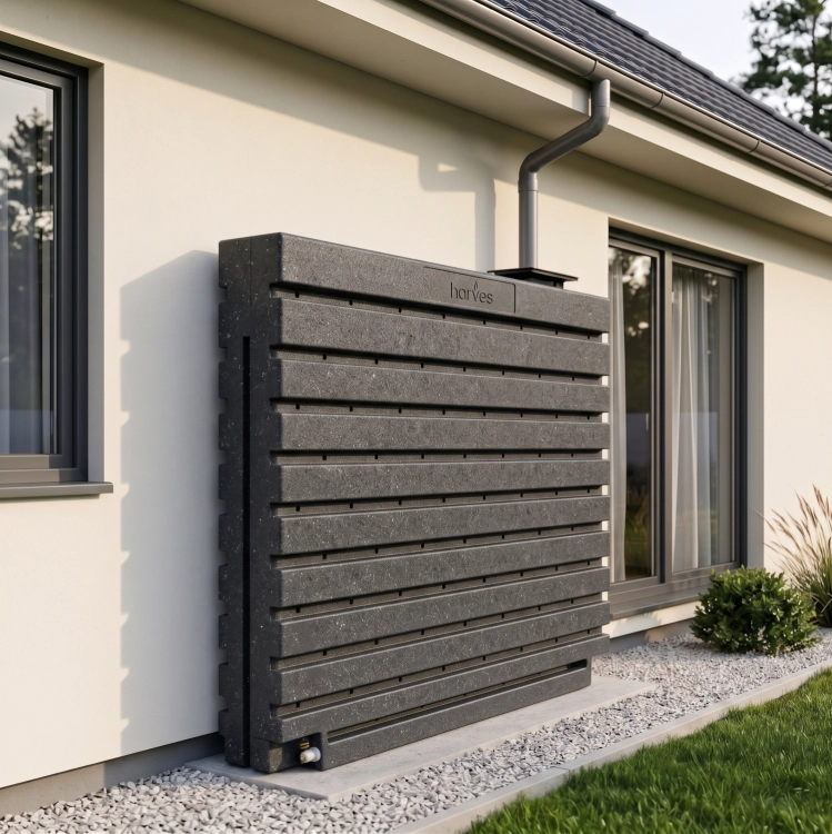 Ścienny zbiornik na deszczówkę wodę 1000 L płaski modułowy naziemny Rainwater Wall HARVES kolor ciemny szary terracota
