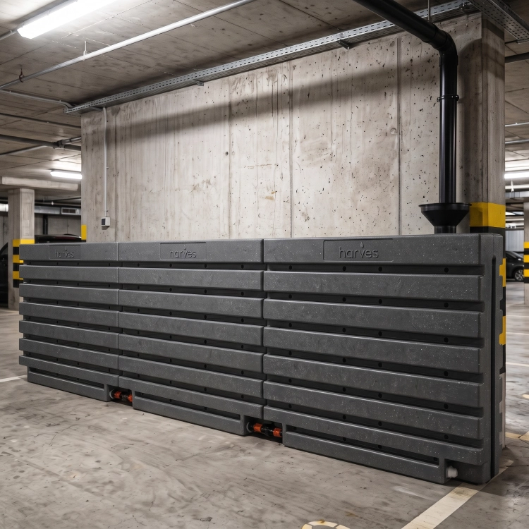 Ścienny zbiornik na deszczówkę wodę 1000 L płaski modułowy naziemny Rainwater Wall HARVES kolor ciemny szary terracota