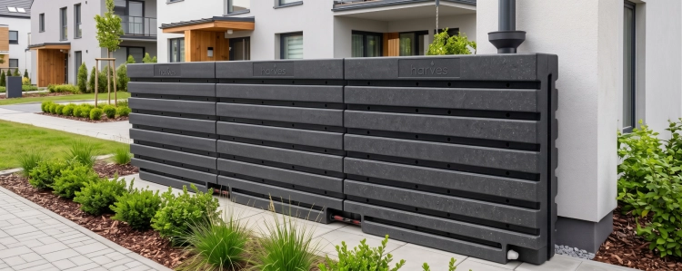 Ścienny zbiornik na deszczówkę wodę 1000 L płaski modułowy naziemny Rainwater Wall HARVES kolor ciemny szary terracota