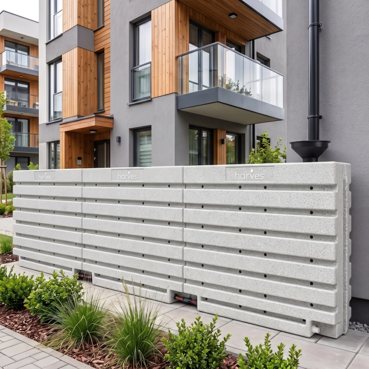 Ścienny zbiornik na deszczówkę wodę 1000 L płaski modułowy naziemny Rainwater Wall HARVES kolor jasny szary terracota
