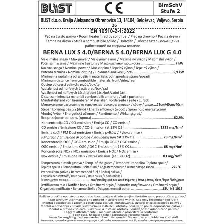 Piec kominek koza szamotowy BERNA S 4.0 BLIST 5,9 kW A+