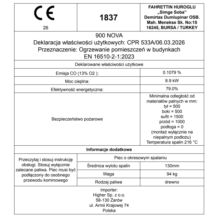 Piec piecyk kominek żeliwny wolnostojący koza 900 NOVA A+ 9 kW