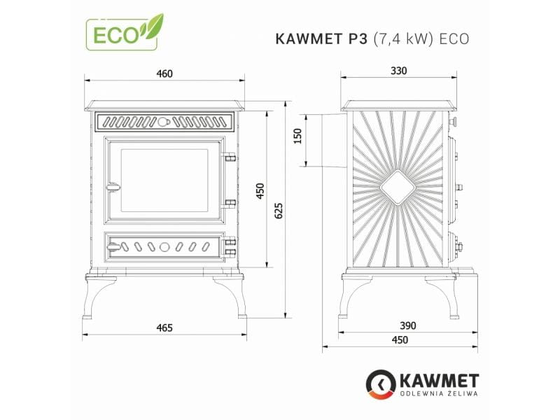Piec piecyk kominek żeliwny koza KAWMET P3 ECO 7,4 kW wolnostojący
