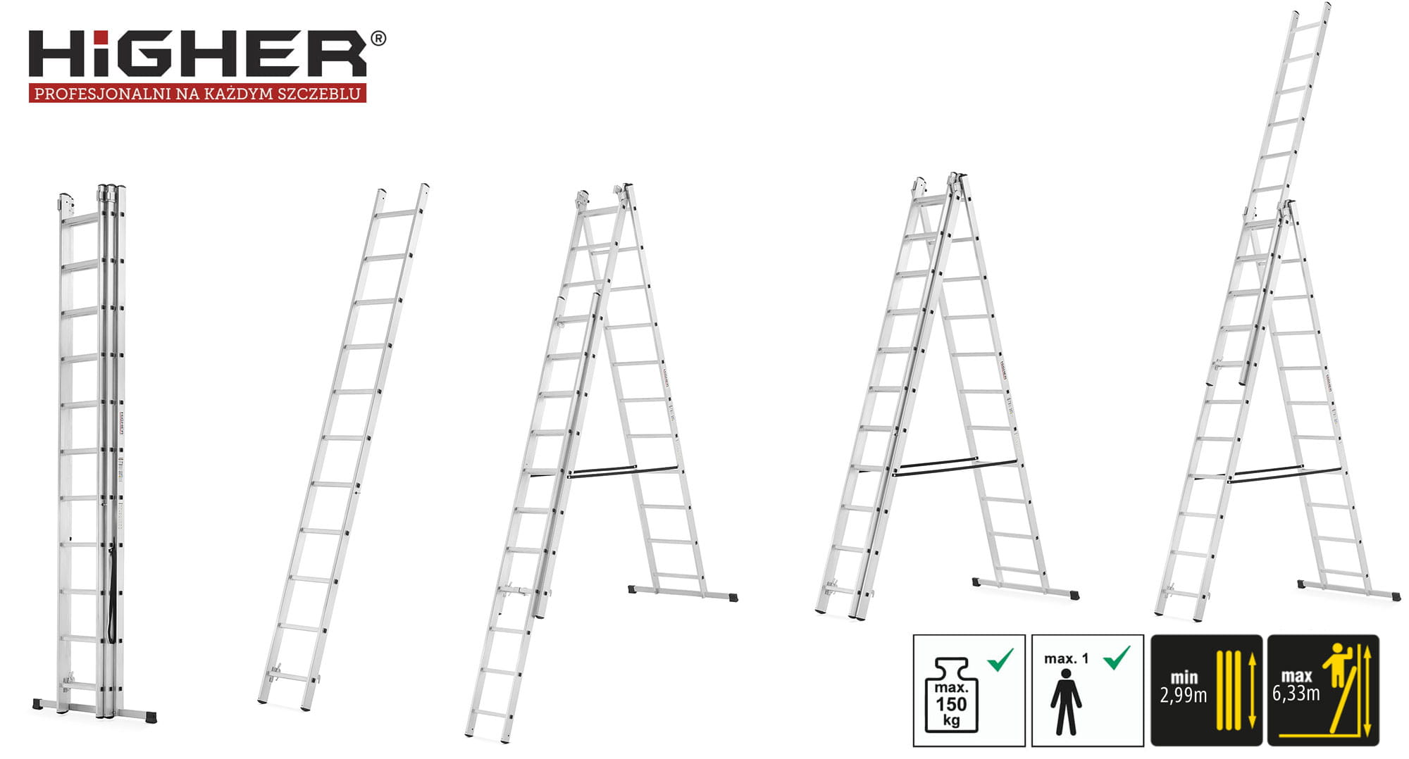 Drabina aluminiowa wielofunkcyjna z opcją na schody 3x11 HIGHER - zasięg roboczy 6,33m Hobby 150kg