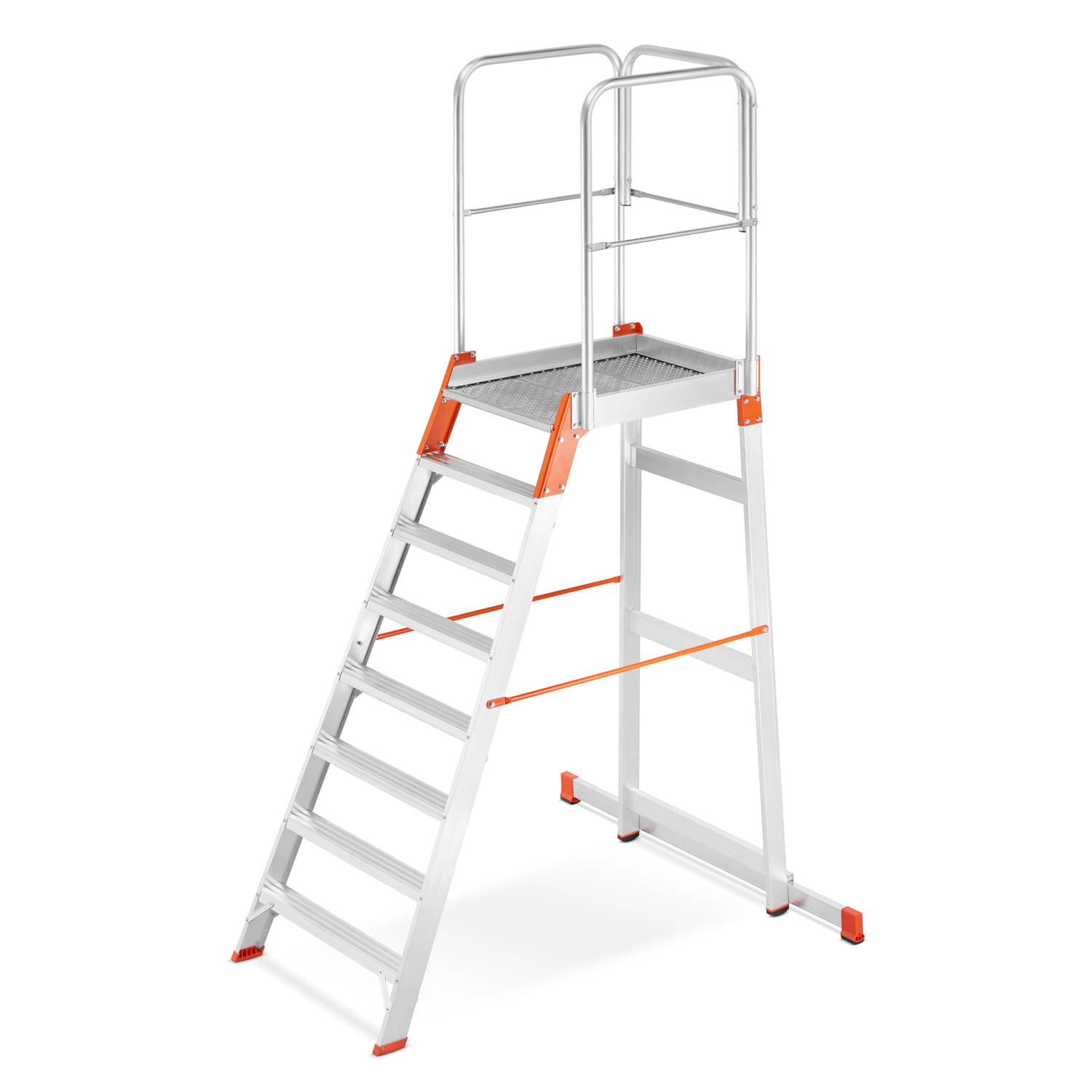 Drabina magazynowa ALOSS®️ z wejściem jednostronnym, schodki, schody magazynowe, podest, pomost magazynowy - model: 9508 (7 stopni + podest)