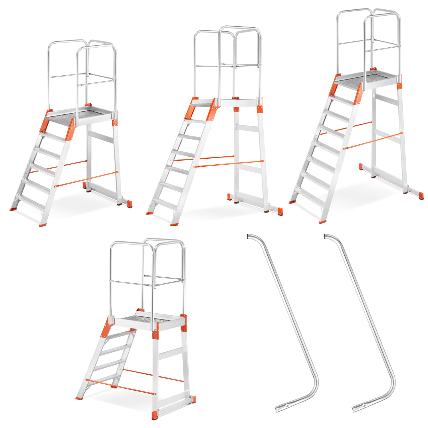 Drabina magazynowa ALOSS®️ z wejściem jednostronnym, schodki, schody magazynowe, podest, pomost magazynowy - model: 9508 (7 stopni + podest)