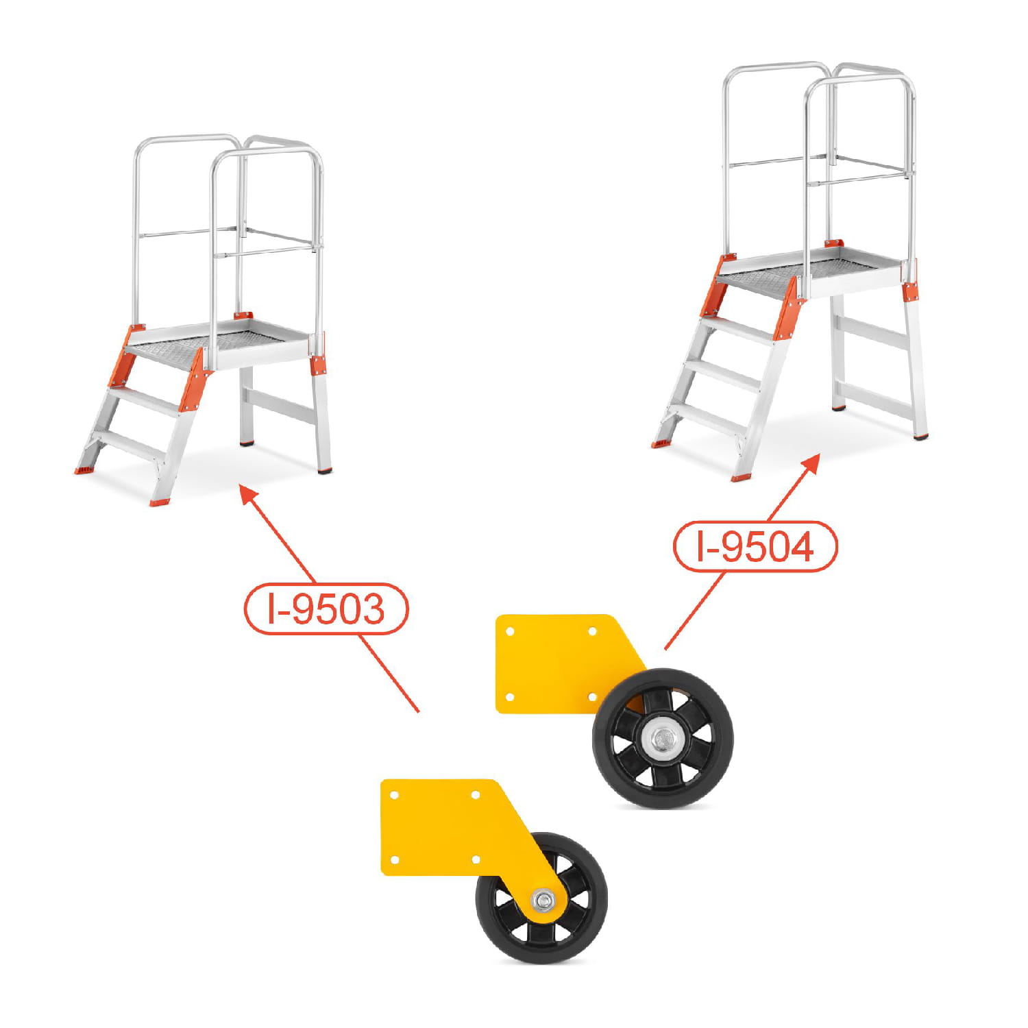 Drabina magazynowa ALOSS®️ z wejściem jednostronnym, schodki, schody magazynowe, podest, pomost magazynowy - model: 9508 (7 stopni + podest)