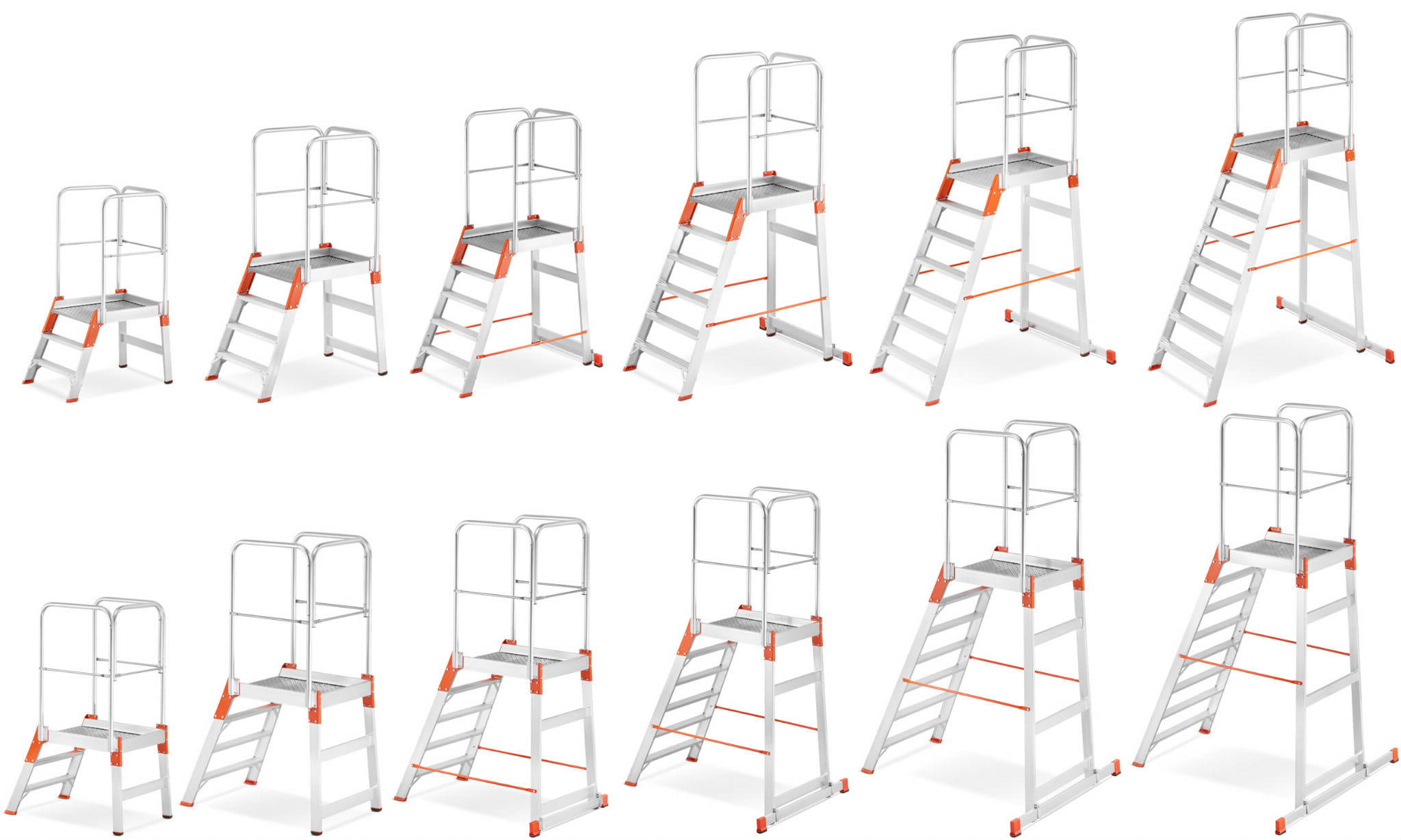 Drabina magazynowa ALOSS®️ z wejściem jednostronnym, schodki, schody magazynowe, podest, pomost magazynowy - model: 9508 (7 stopni + podest)