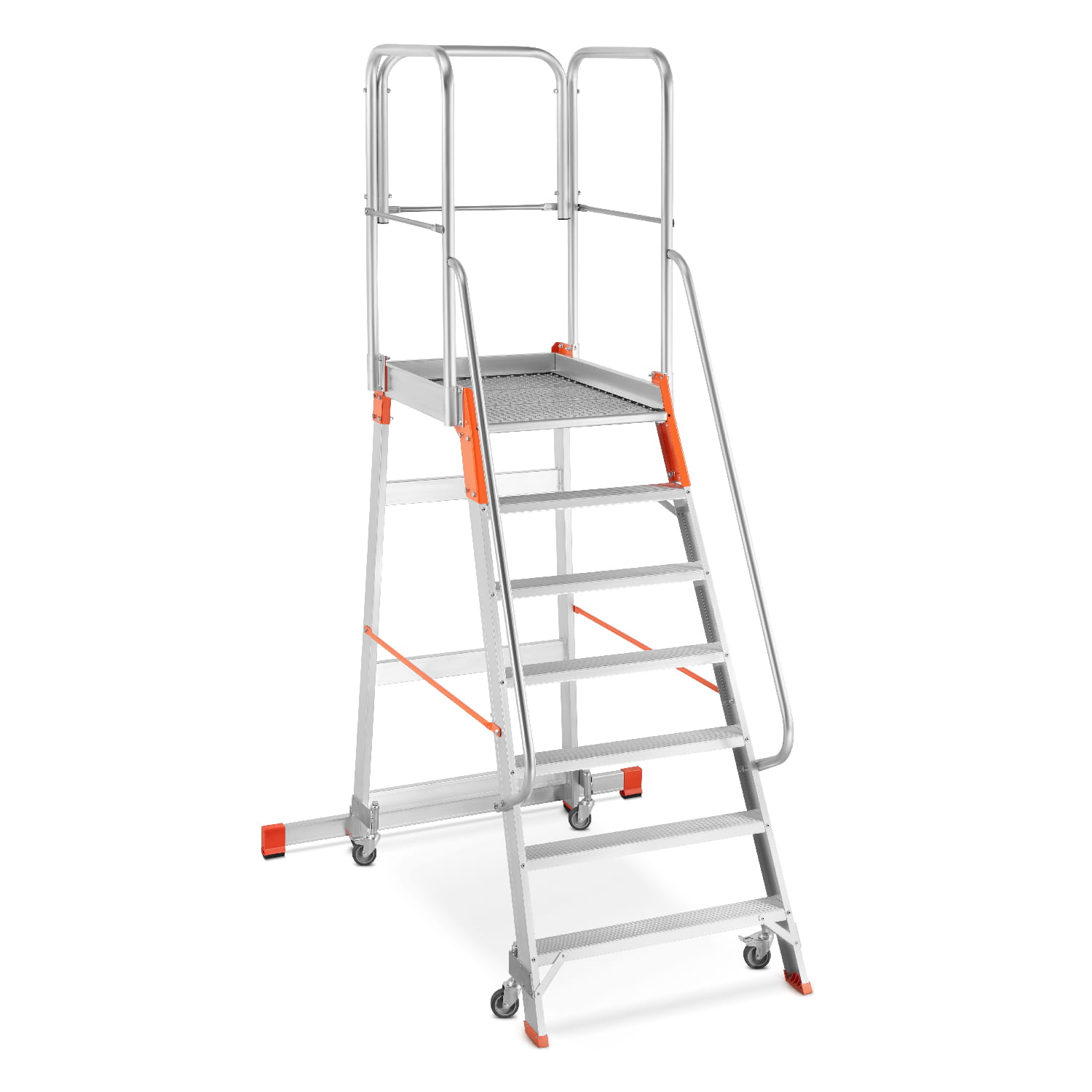 Drabina magazynowa ALOSS®️ z wejściem jednostronnym, schodki, schody magazynowe, podest, pomost magazynowy - model: 9508 (7 stopni + podest)