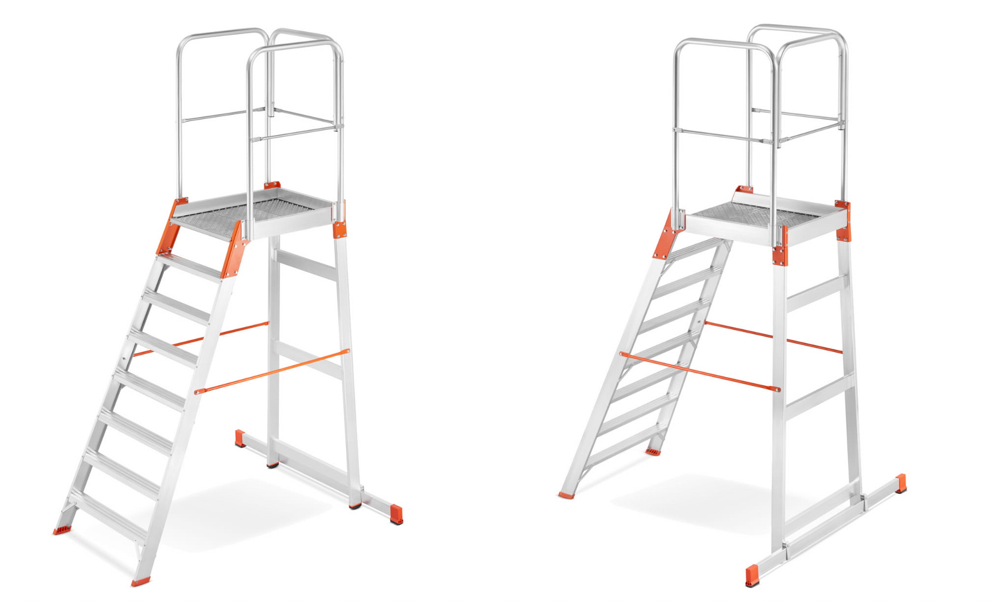 Drabina magazynowa ALOSS®️ z wejściem jednostronnym, schodki, schody magazynowe, podest, pomost magazynowy - model: 9508 (7 stopni + podest)
