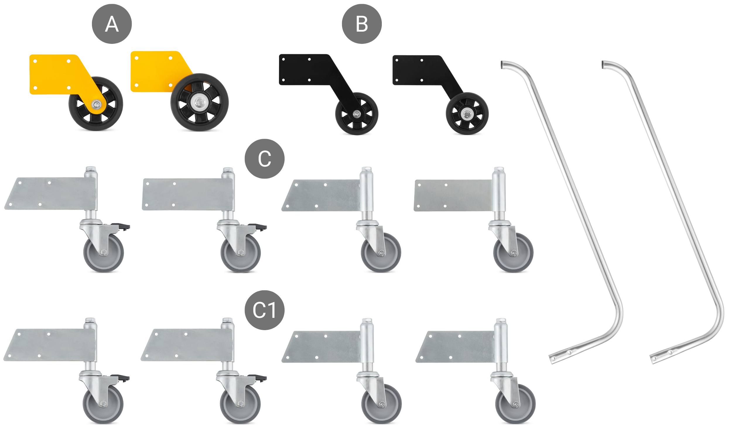 Koła sprężynowe (4 szt.) rolki jezdne do drabin magazynowych z wejściem jednostronnym ALOSS®️ Seria / typoszereg drabin 95xx - wszystkie modele drabin / (wersja C)