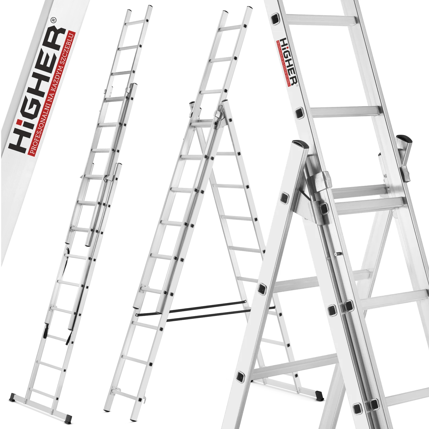 Drabina aluminiowa wielofunkcyjna uniwersalna z adaptacją na schody 3x9 HIGHER 150kg