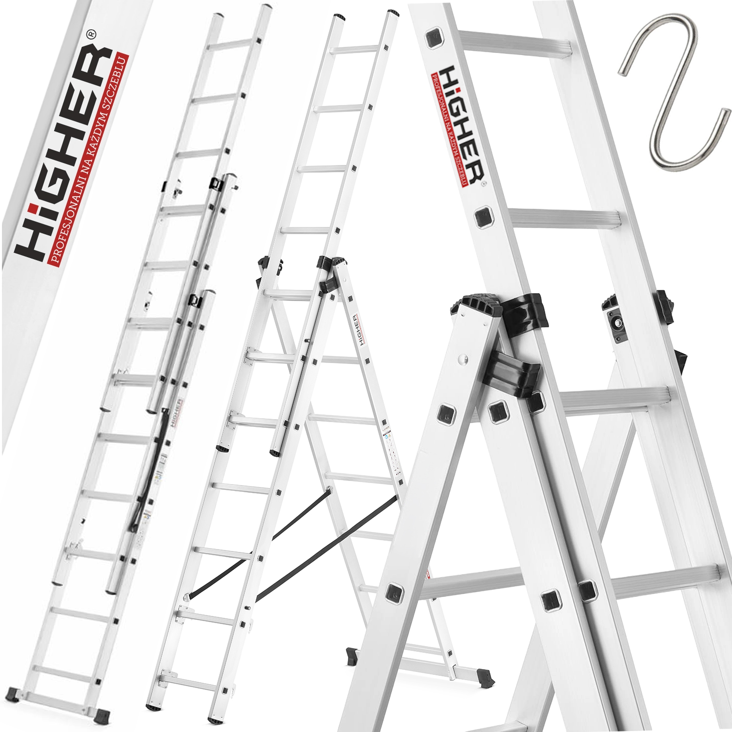 Drabina aluminiowa 3x7 HIGHER z adaptacją na schody ML-607 na 150 kg