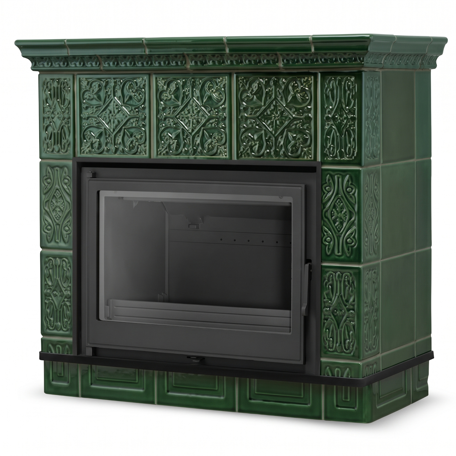 Piec kominek kaflowy ceramiczny Mallorca by Higher zielony wkład FERGUSS FGS-LUX18 11,7 kW