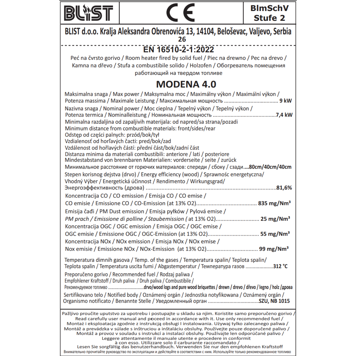 Piec kominek koza szamotowy żeliwny MODENA 4.0 BLIST 7,4 kW A+