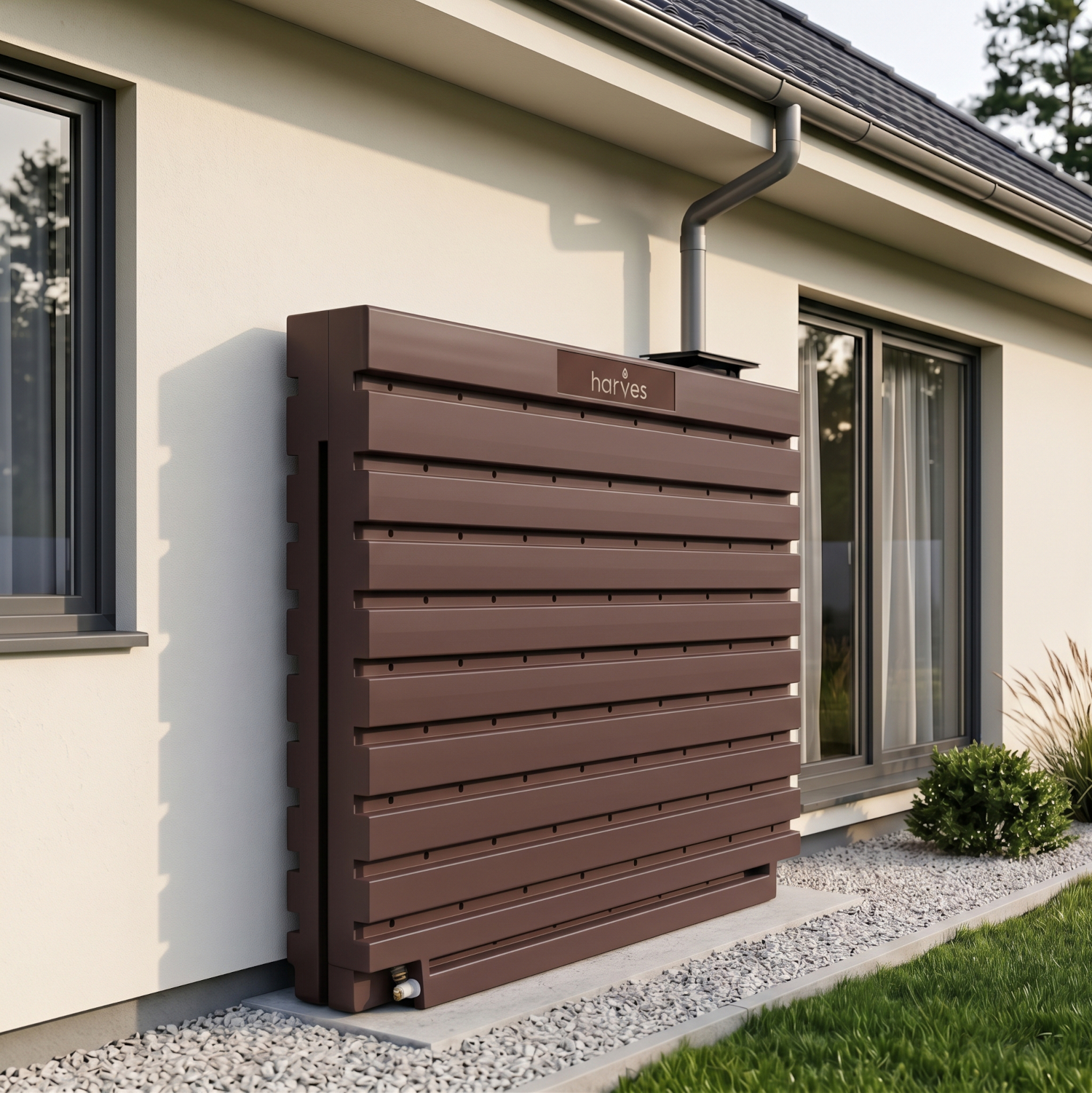 Ścienny zbiornik na deszczówkę wodę 1000 L płaski modułowy naziemny Rainwater Wall HARVES kolor brązowy