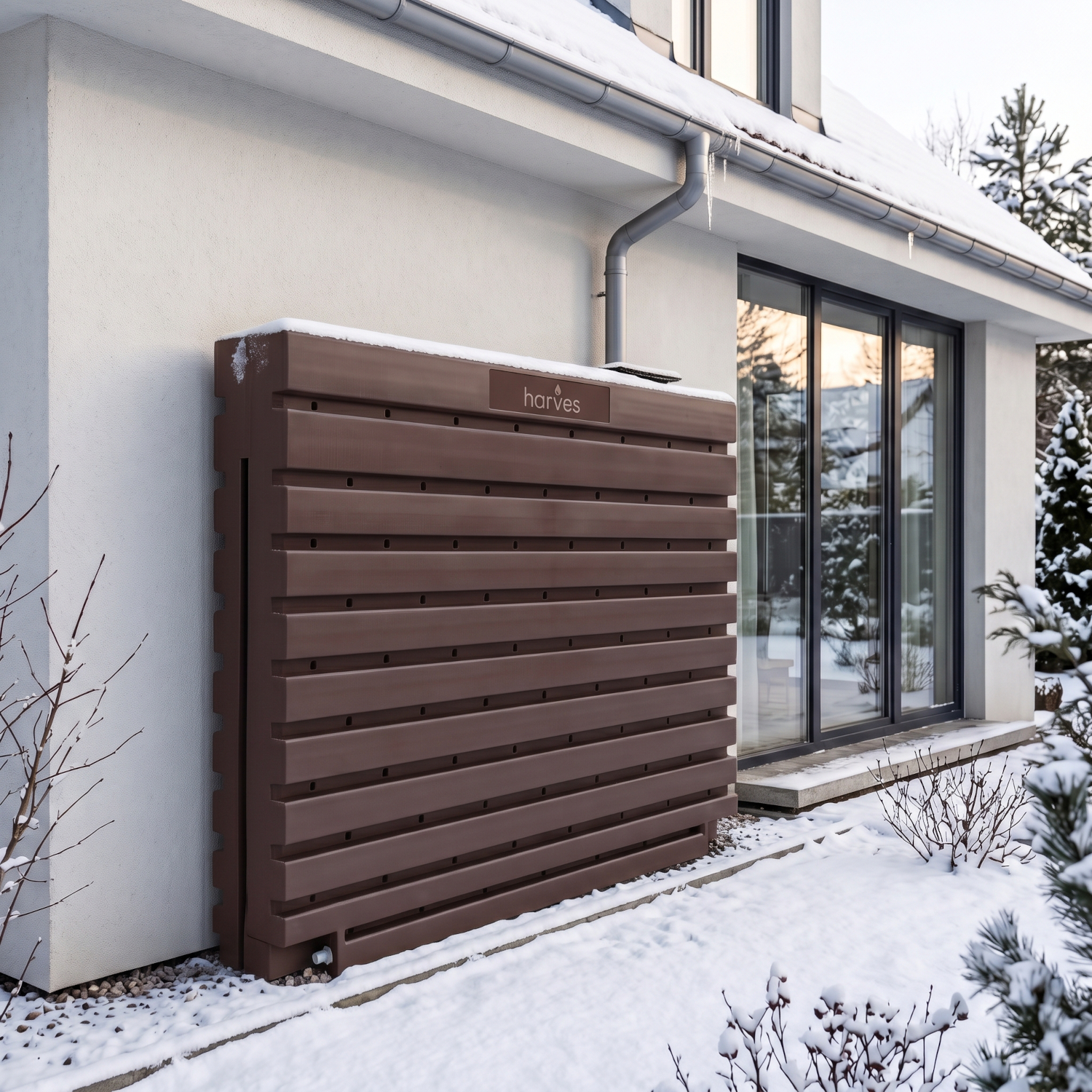 Ścienny zbiornik na deszczówkę wodę 1000 L płaski modułowy naziemny Rainwater Wall HARVES kolor brązowy