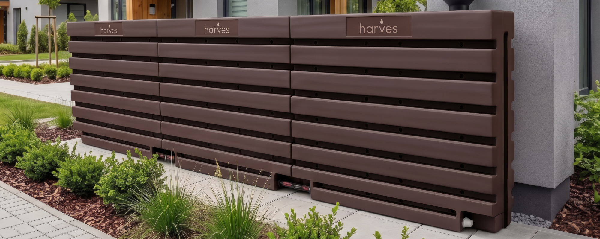 Ścienny zbiornik na deszczówkę wodę 1000 L płaski modułowy naziemny Rainwater Wall HARVES kolor brązowy