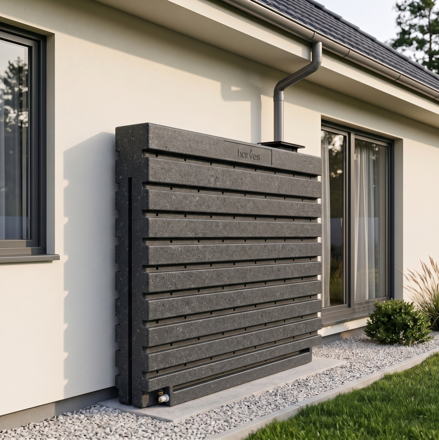Ścienny zbiornik na deszczówkę wodę 1000 L płaski modułowy naziemny Rainwater Wall HARVES kolor ciemny szary terracota