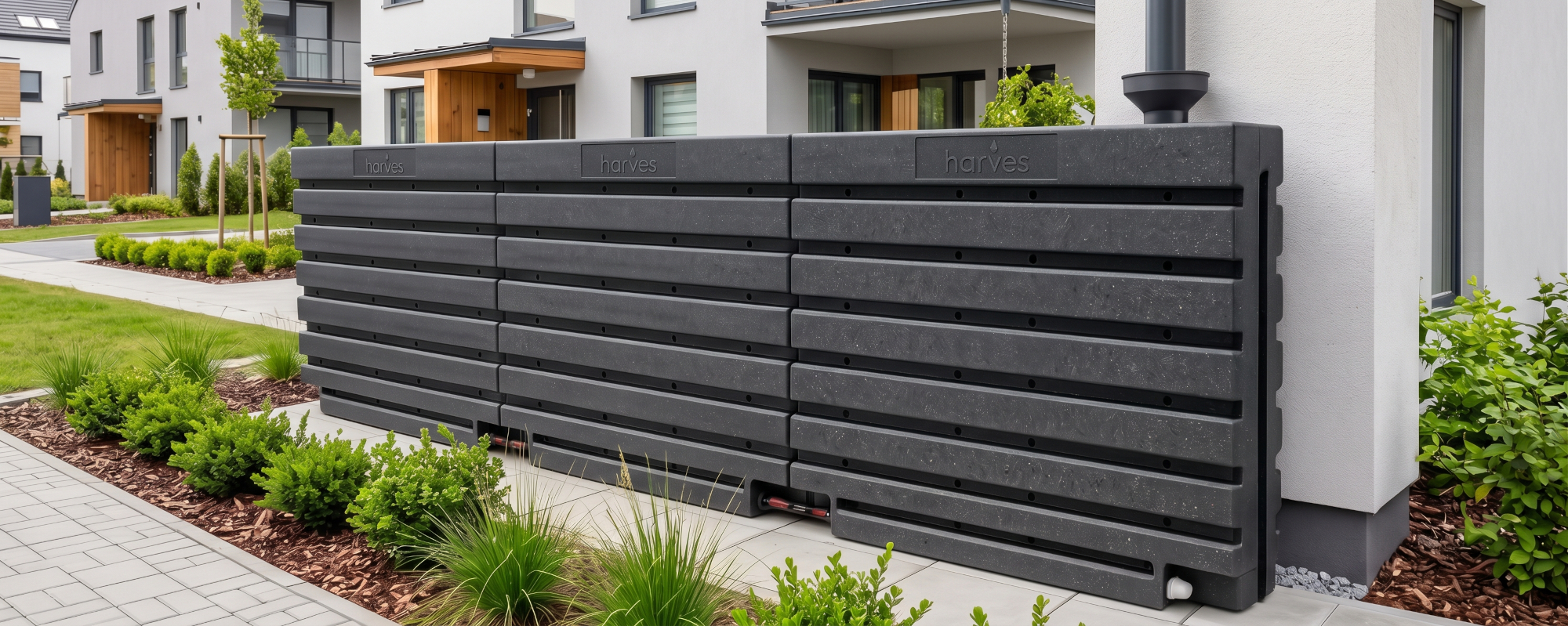 Ścienny zbiornik na deszczówkę wodę 1000 L płaski modułowy naziemny Rainwater Wall HARVES kolor ciemny szary terracota