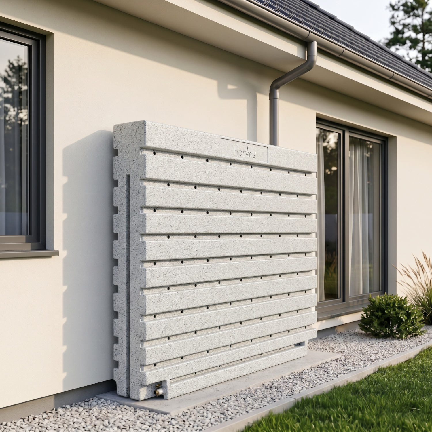 Ścienny zbiornik na deszczówkę wodę 1000 L płaski modułowy naziemny Rainwater Wall HARVES kolor jasny szary terracota