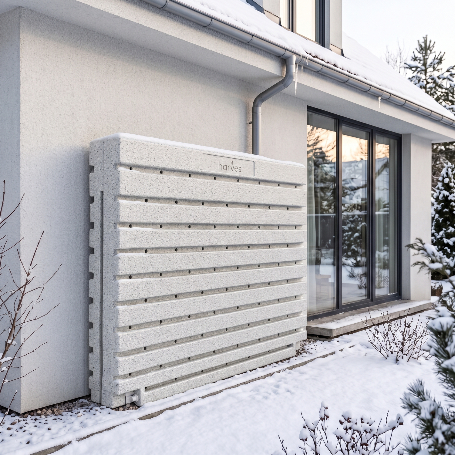 Ścienny zbiornik na deszczówkę wodę 1000 L płaski modułowy naziemny Rainwater Wall HARVES kolor jasny szary terracota